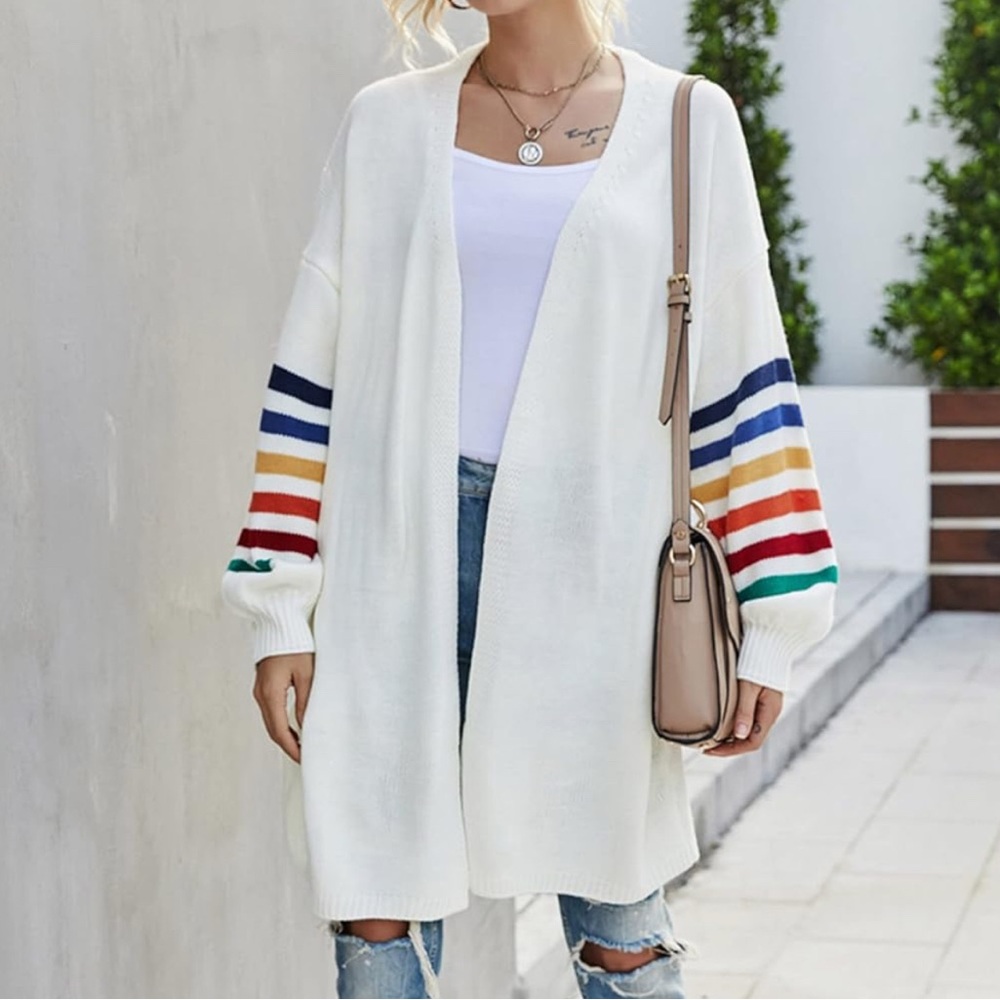 Open Front Long Cardigan with Colorful Rainbow Stripes Boho Size Small